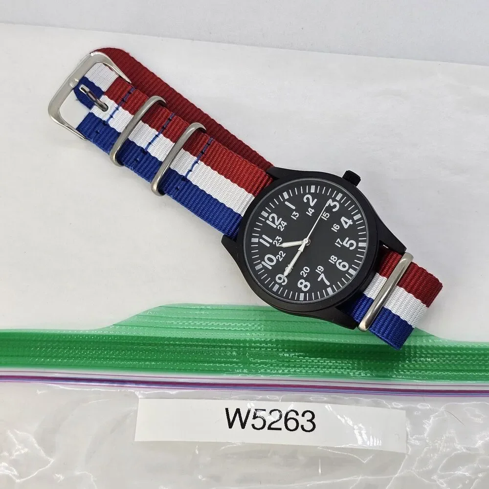 Field‎ Men's Watch 42MM Black Dial Black Case Blue White Red Canvas Band Strap